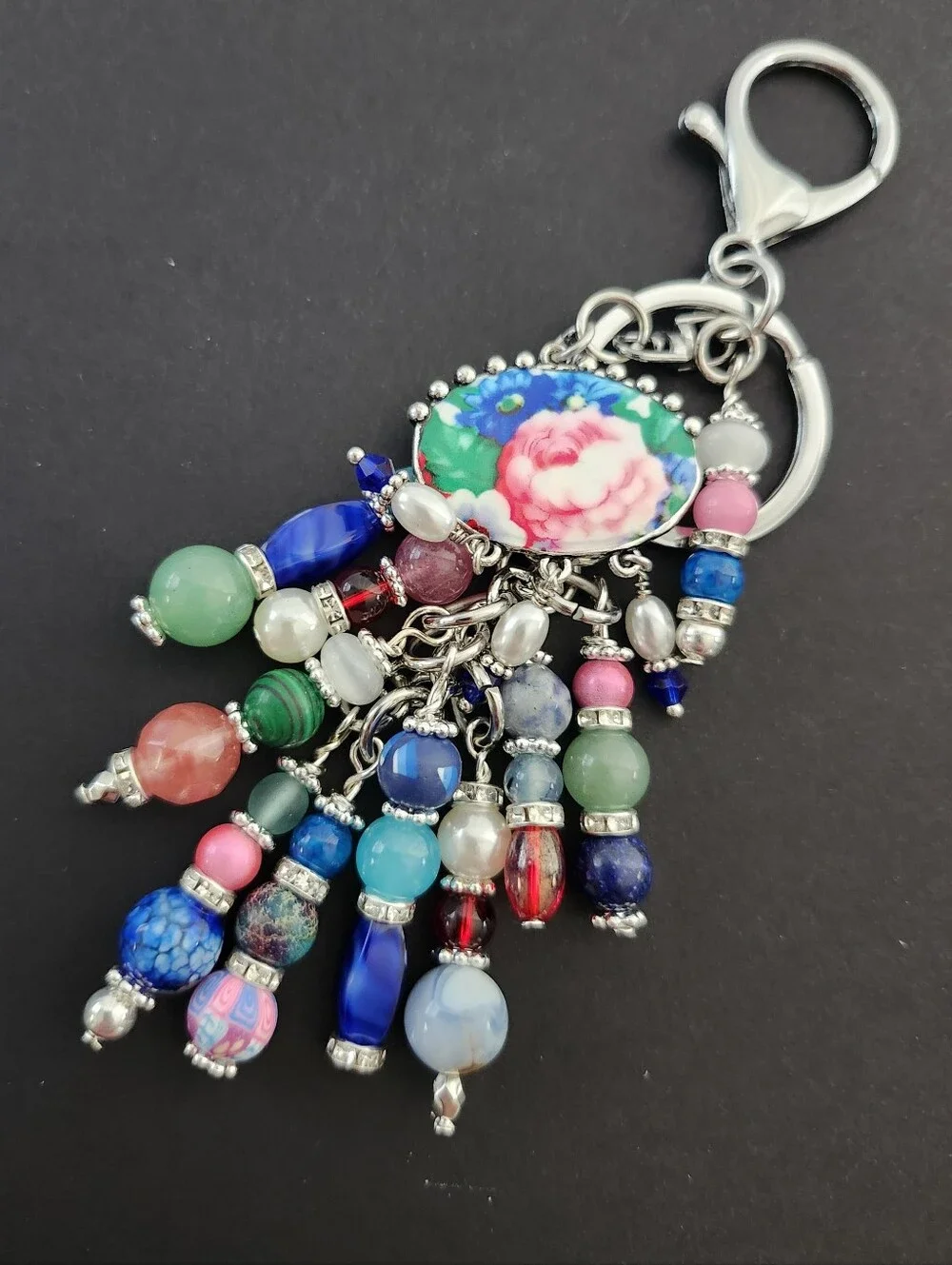Floral Purse Charm or Keychain Agate Aventurine Sodalite Jade Handcrafted